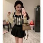 Puff-sleeve Houndstooth Knit Top / Pleated A-line Skirt