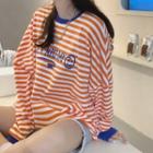 Striped Lettering Sweatshirt Stripes - Tangerine & White - One Size