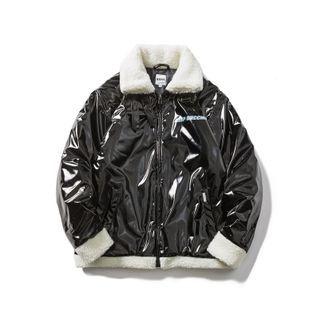 Lettering Fleece Trim Faux Leather Zip Jacket