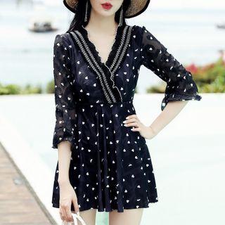 3/4-sleeve Floral Print Swim Dress / Swim Shorts