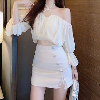 Set: Off-shoulder Plain Top + Buttoned Skirt