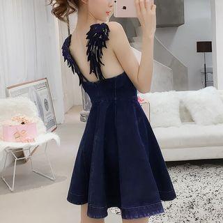 Spaghetti Strap Fur Embroidery A-line Mini Denim Dress