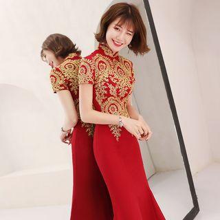 Patterned Short Sleeve Mandarin Collar Dress