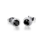 Simple Bright Geometric Round Black Cubic Zirconia Stud Earrings Silver - One Size