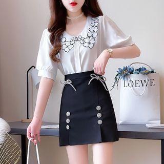 Set: Short-sleeve Flower Embroidered Blouse + Bow Accent Mini Pencil Skirt