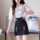 Set: Short-sleeve Flower Embroidered Blouse + Bow Accent Mini Pencil Skirt