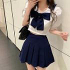 Short-sleeve Bow Accent Blouse / Mini Pleated Skirt / Set