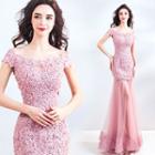 Off-shoulder Embroidered Sheath Evening Gown