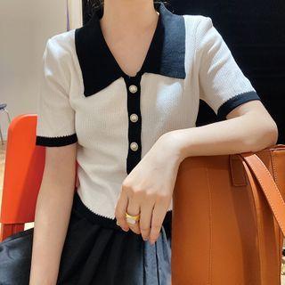 Contrast Color Collared Short-sleeve Cropped Knit Cardigan