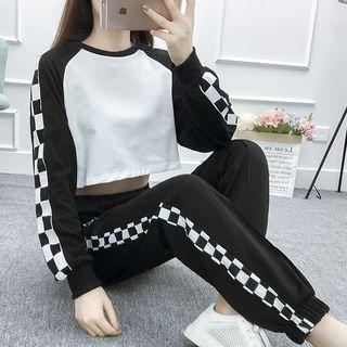 Long-sleeve Plaid Panel Cropped Top / Plaid Panel Harem Pants / Set