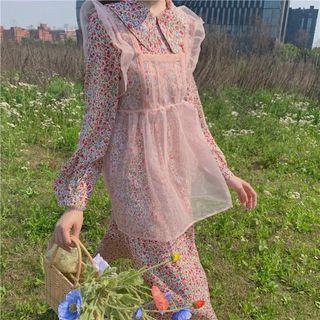 Long-sleeve Henley Floral Shirt Dress / Mesh Vest