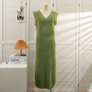 Straight-cut Knit Maxi Dress Green - One Size