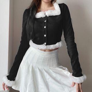 Square-neck Fluffy Trim Crop Top