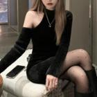 Long-sleeve Cut Out Sweater Dress Black - One Size