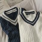 Stripe-trim Cable-knit Sweater
