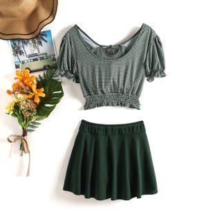Set: Plaid Short-sleeve Tankini Top + Swim Shorts