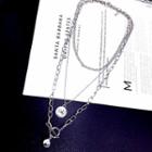 Set: Coin Layered Necklace + Metal Ball Pendant Necklace Set - Silver - One Size