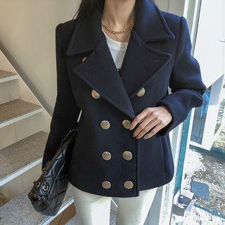 [black Label] Metal-button Woolen Pea Coat Navy Blue - One Size