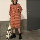 Long-sleeve Color-block Striped Loose-fit Midi Shirt Dress