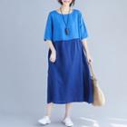 Elbow-sleeve Colored Panel Midi Dress Blue - One Size