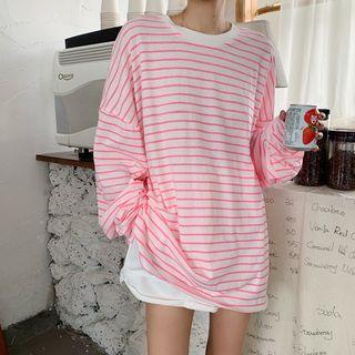 Striped Long-sleeve Oversize T-shirt / Drawstring Wide-leg Shorts