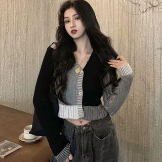 Color Block Cardigan Q2a - Black & White & Gray - One Size