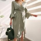 Cutout-hem Pinstripe Belted Wrap Dress