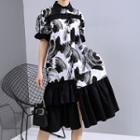 Printed Short-sleeve Shirt Dress Black - One Size