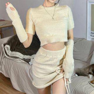 Set: Knit Crop Top + Drawstring Mini Pencil Skirt Almond - One Size