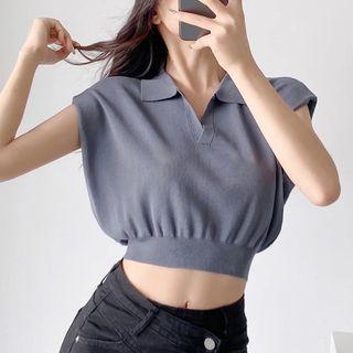 Sleeveless Collared Plain Knit Crop Top