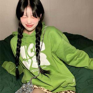 Lettering Hoodie With Lining - Green - One Size