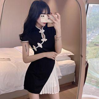 Set: Short-sleeve Asymmetrical Frog Buttoned Top + A-line Skirt