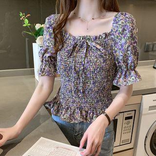 Short-sleeve Floral Smocked Blouse