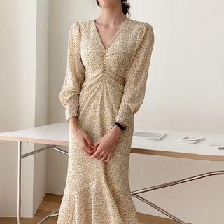 Floral Print Long-sleeve Ruffle Hem Midi Sheath Dress