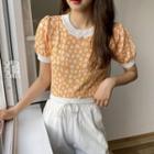 Puff-sleeve Floral Knit Crop Top