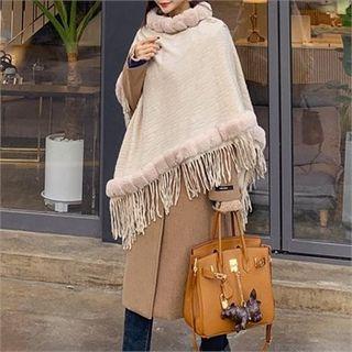 Pompom-trim Fringed Knit Cape