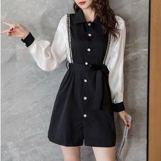 Long-sleeve Fringed Trim Tie-waist A-line Dress