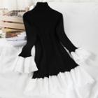 Long-sleeve Paneled Mini Mermaid Knit Dress Black - One Size