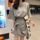 Round-neck T-shirt & Mini Wrap Skirt Set Gray - One Size