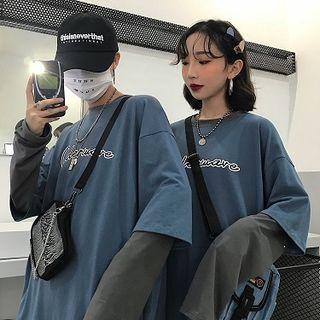 Long-sleeve Lettering Mock Two-piece T-shirt Grayish Blue & Gray - One Size