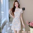 Short-sleeve Printed Side-slit Qipao Dress