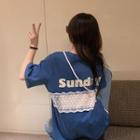 Elbow-sleeve Lettering Lace Panel T-shirt