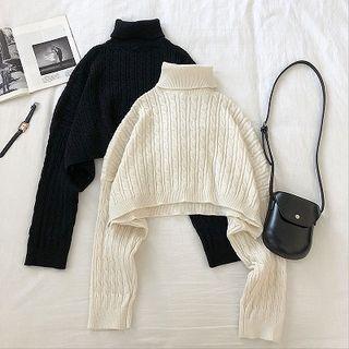 Plain Turtle-neck Cable-knit Long-sleeve Sweater