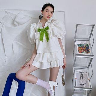 Puff-sleeve Bow Blouse / Tiered Mini Skort
