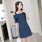 Fray Hem Off Shoulder Short Sleeve Denim Dress