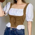 Short-sleeve Mock Two Piece Lace-up Top