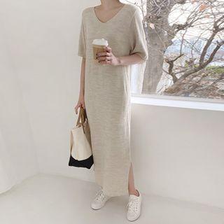 Short-sleeve Slit-hem Knit Dress