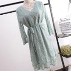 Elbow-sleeve Lace Dress With Belt Gray & Green - One Size