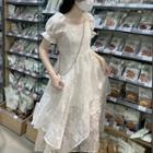 Puff-sleeve Square-neck Asymmetrical Midi A-line Lace Dress