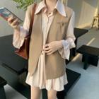 Chiffon Pleated Dress / V-neck Oversize Vest